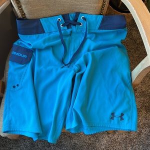 Mens Under Armour Blue Loose Fit Board Shorts Swim Trunks, Sz 34